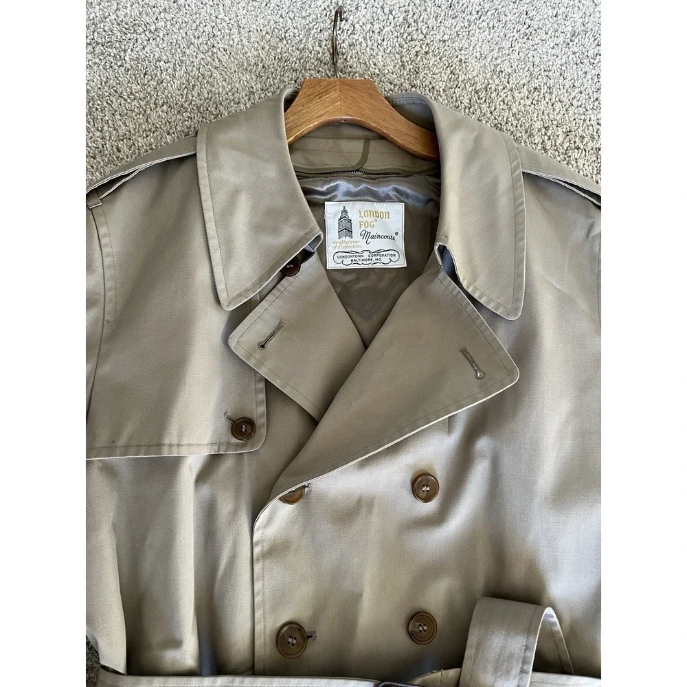 VTG 70s London Fog Trench Coat Men 44 Tan Double Breasted Belt Line USA Classic - Picture 2 of 13